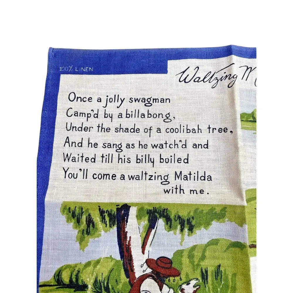Vintage 100% linen kitchen tea towel Australia souvenir Waltzing Matilda lyrics